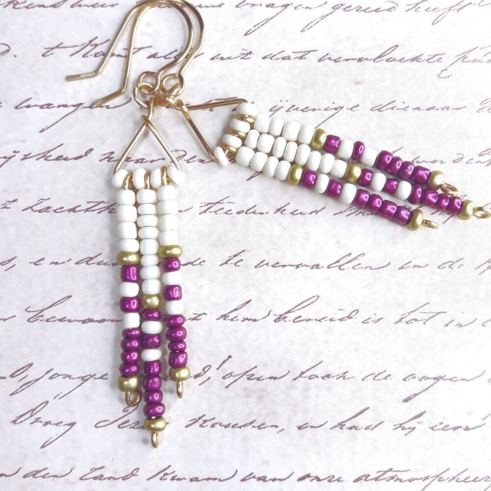 artisan earrings 609#mfs Minimalist seed bead stick earrings ivory gold magenta